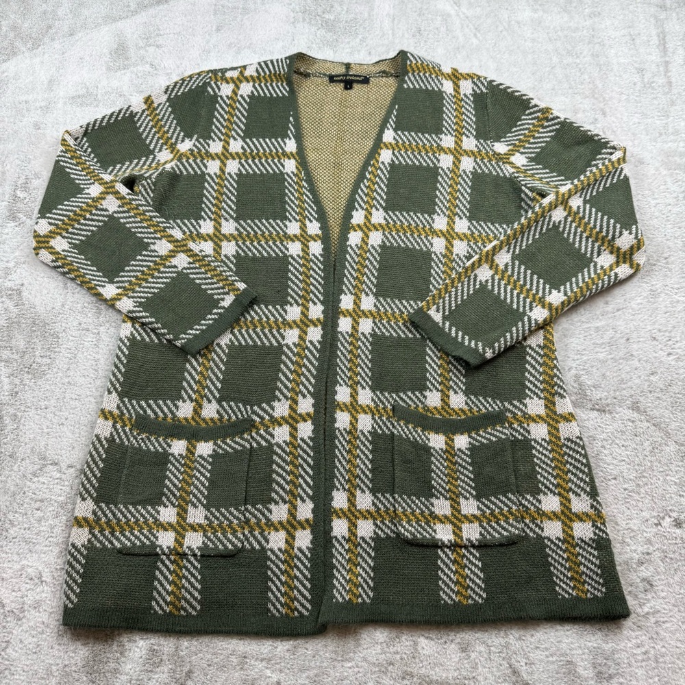 Kathy Ireland knit open front cardigan sweater women’s size L plaid open window